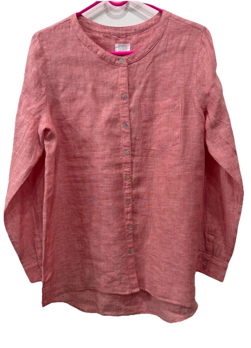 Sigrid Olsen Womens Small Linen Tunic Shirt Pink Peach Button Down LS Coastal